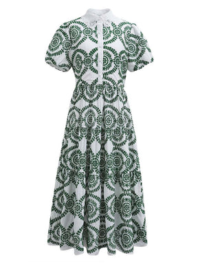 CROCHET COLLAR GREEN EMBROIDERED EYELET COTTON DRESS