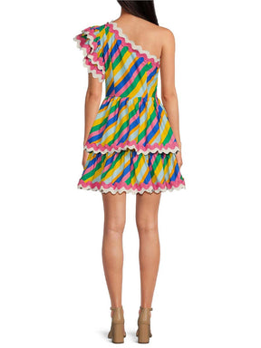 Stripe Print One Shoulder Cap Sleeve Mini Dress