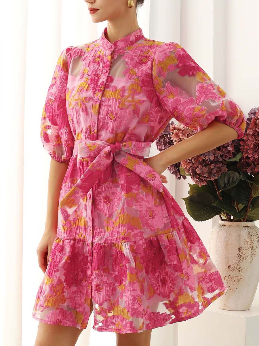 Floral Jacquard Puff Sleeves Dress
