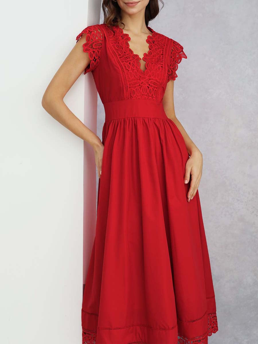 V-Neck Lace Panelled Sleeveless Maxi Dress