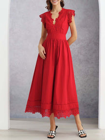 V-Neck Lace Panelled Sleeveless Maxi Dress