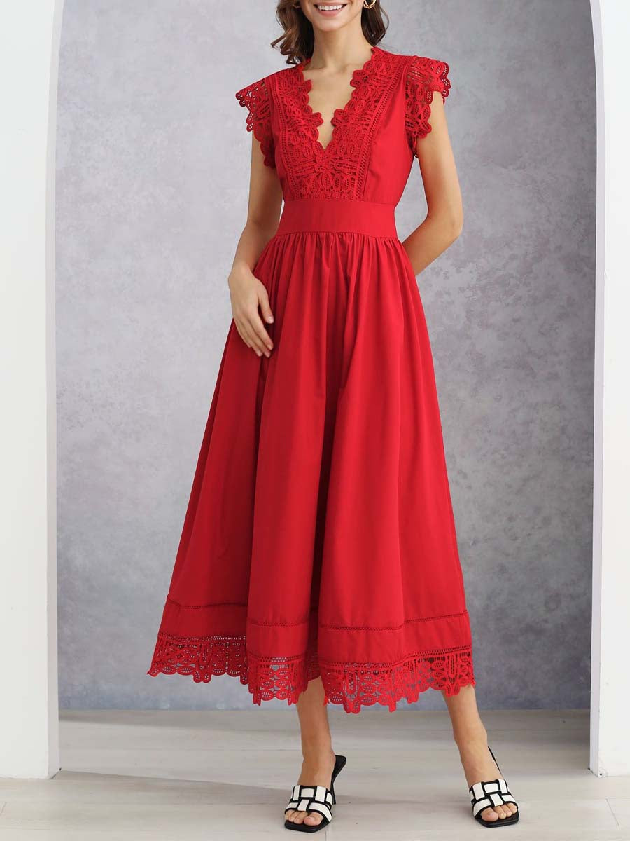 V-Neck Lace Panelled Sleeveless Maxi Dress