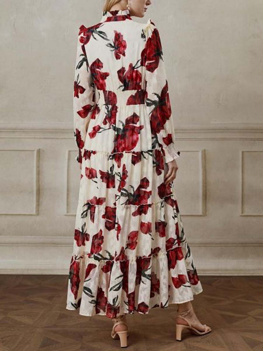 Rose Jacquard Ruffle Detail Shirred Maxi Dress