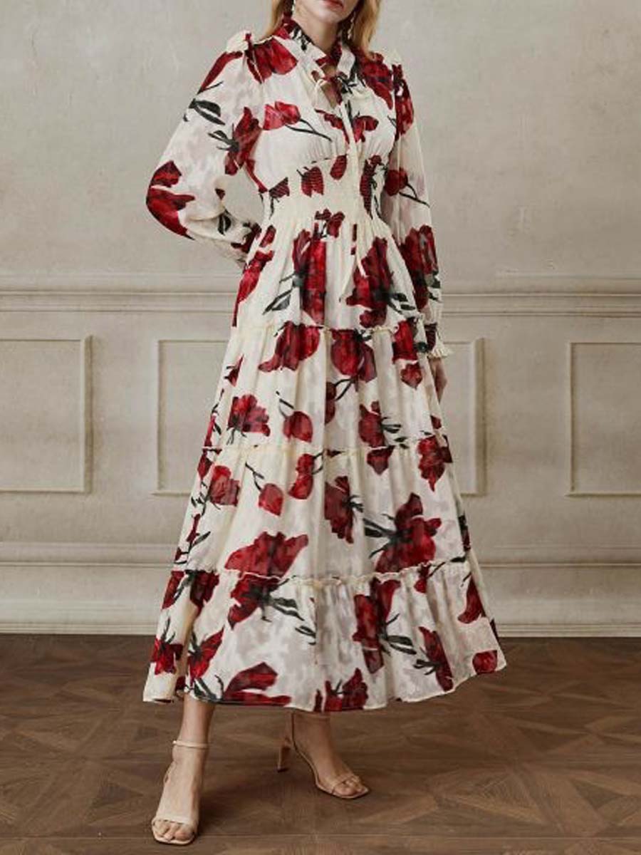 Rose Jacquard Ruffle Detail Shirred Maxi Dress