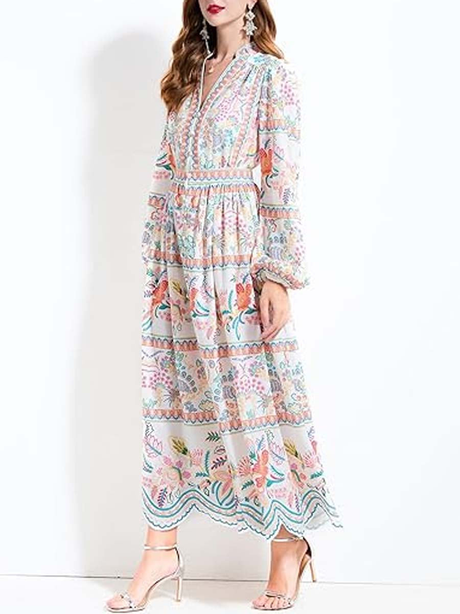 Casual Floral Print V-Neck Button up Slit Maxi Dress