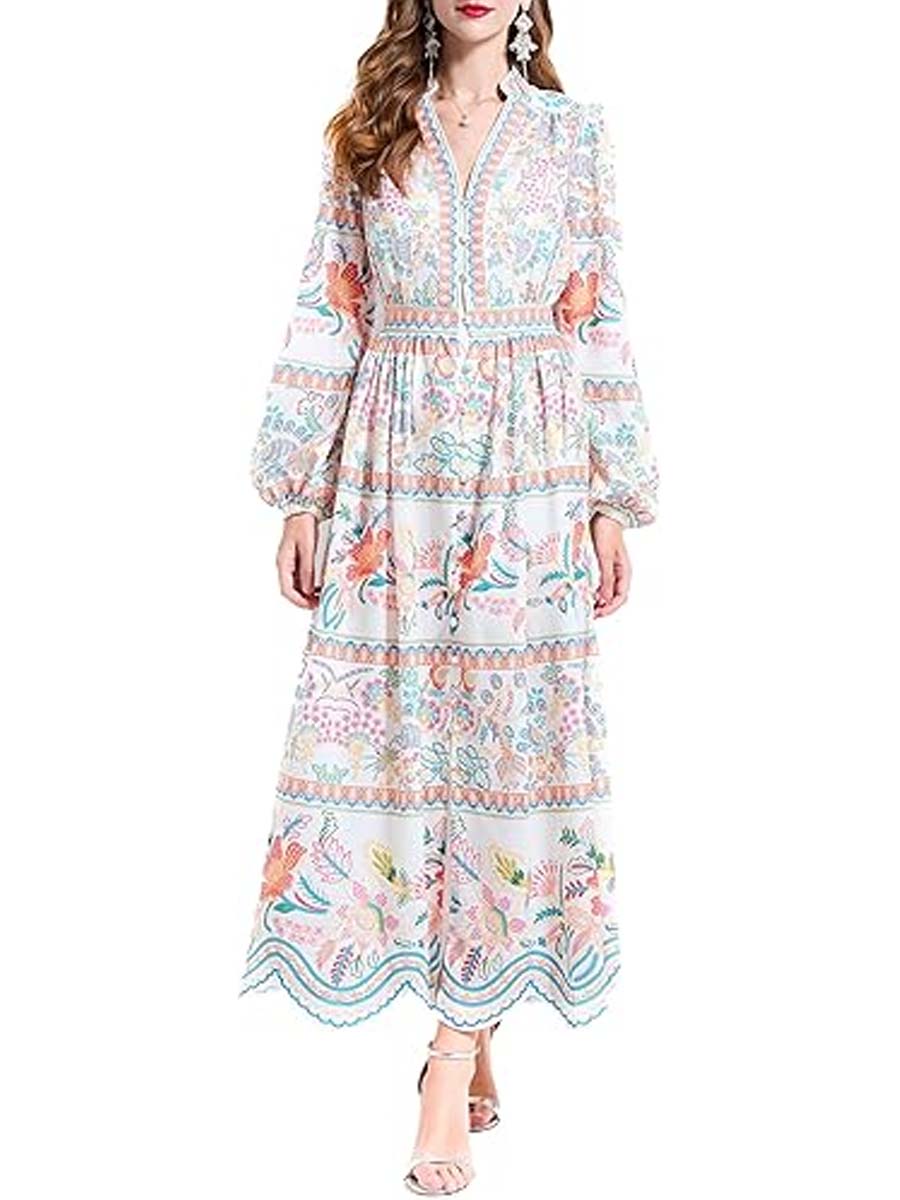 Casual Floral Print V-Neck Button up Slit Maxi Dress