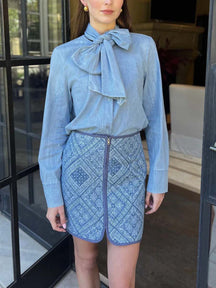 Striped Blouse with Bow Tie Neckline