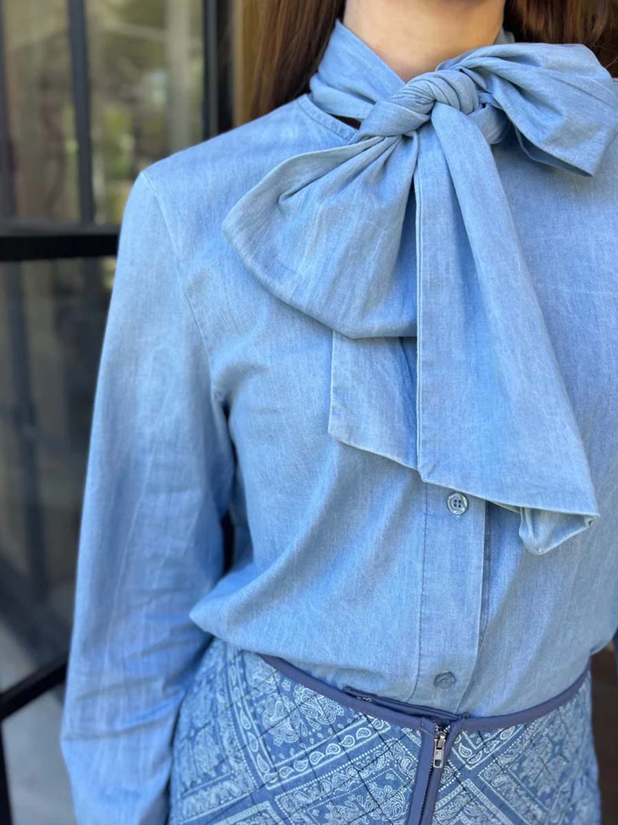 Striped Blouse with Bow Tie Neckline