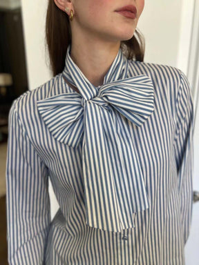Striped Blouse with Bow Tie Neckline