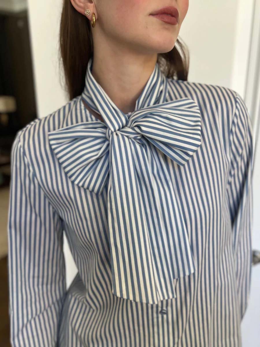 Striped Blouse with Bow Tie Neckline