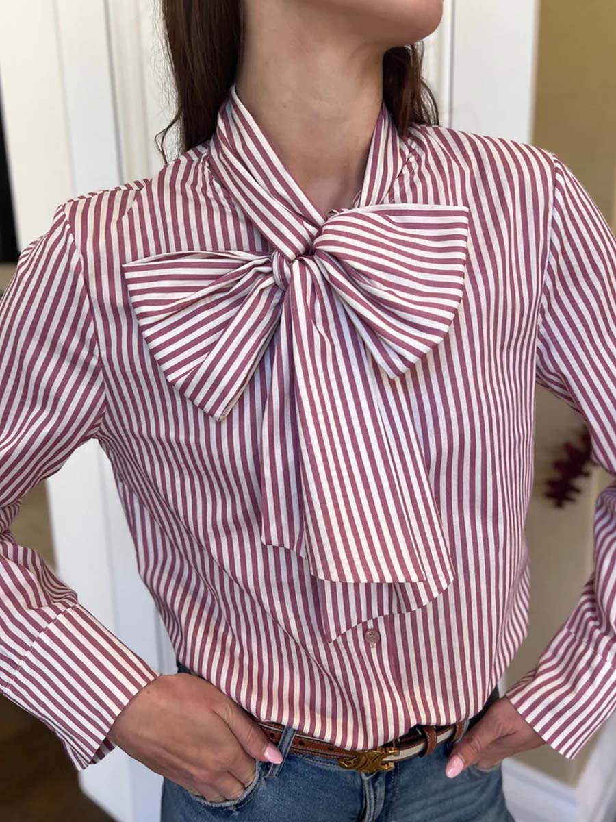 Striped Blouse with Bow Tie Neckline