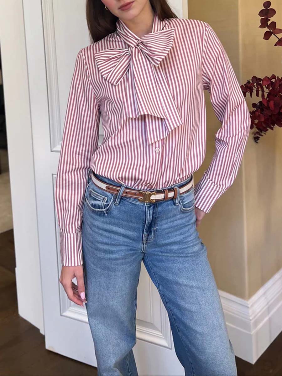 Striped Blouse with Bow Tie Neckline