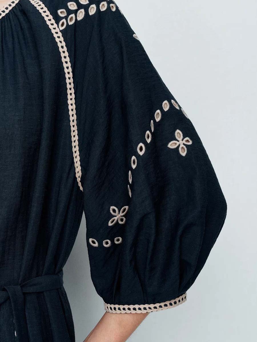 Ballon Sleeve Embroidery Dress