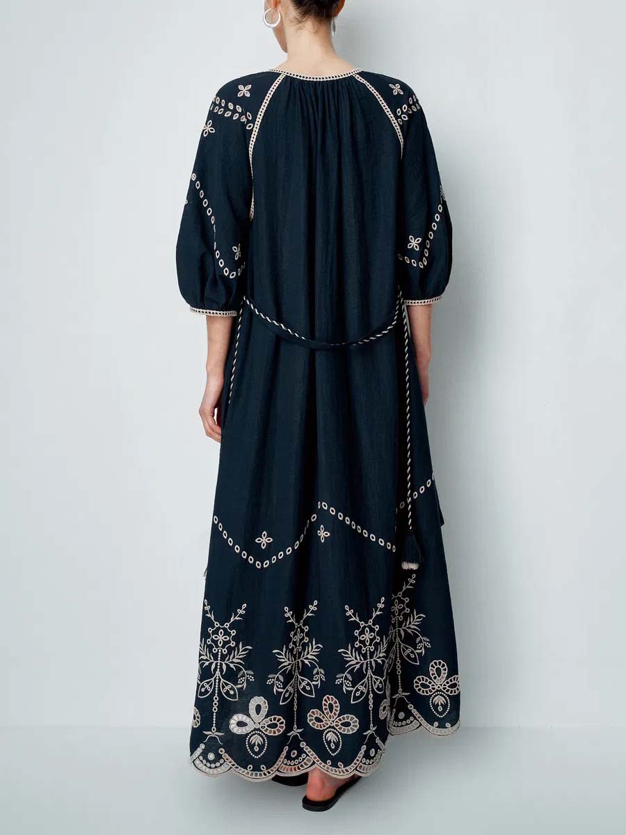 Ballon Sleeve Embroidery Dress