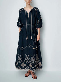 Ballon Sleeve Embroidery Dress
