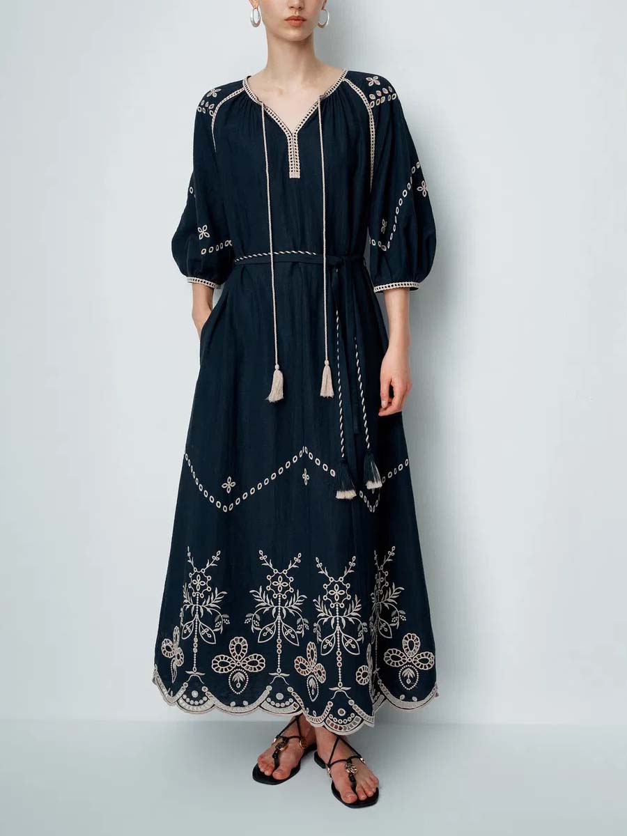 Ballon Sleeve Embroidery Dress
