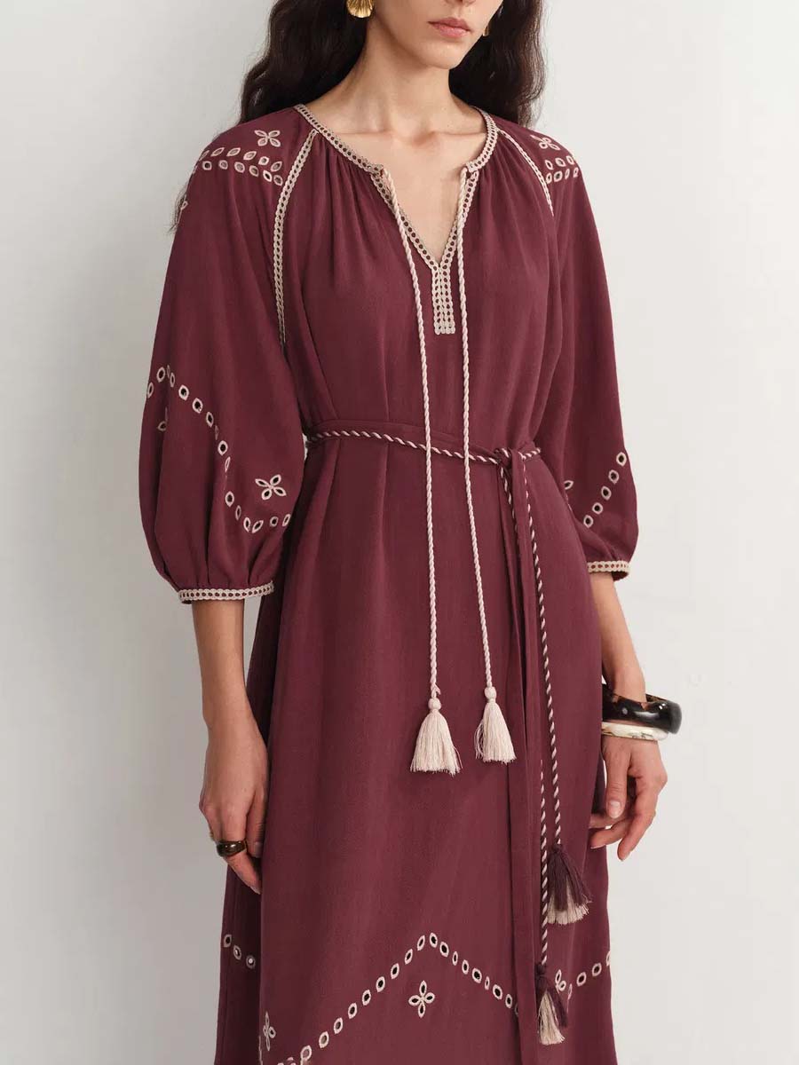 Ballon Sleeve Embroidery Dress