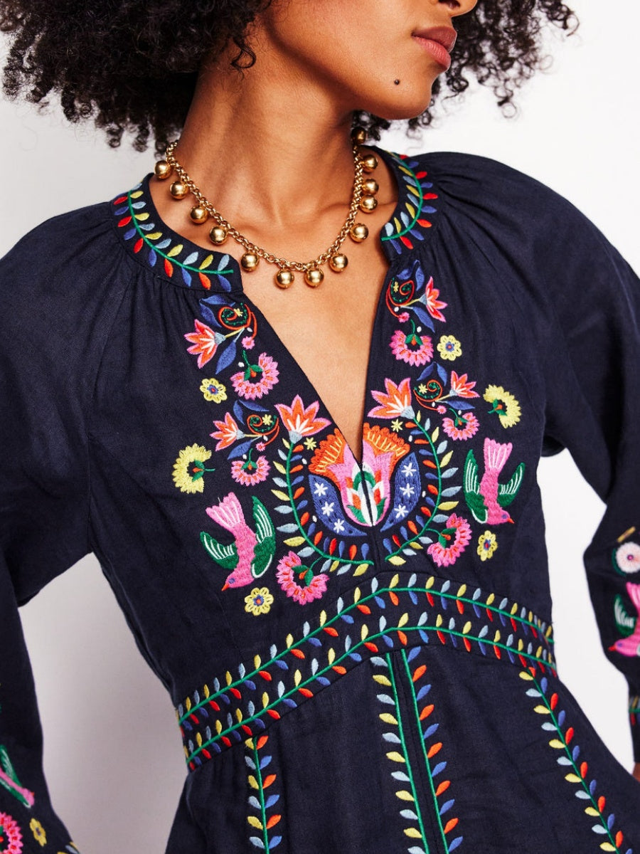 Navy Linen Embroidered Dress