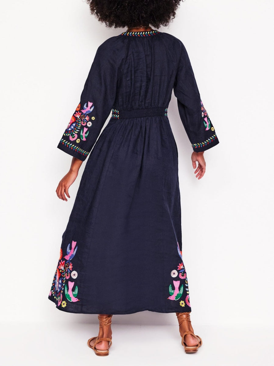 Navy Linen Embroidered Dress