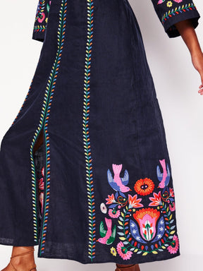 Navy Linen Embroidered Dress