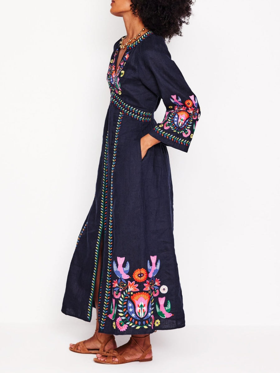 Navy Linen Embroidered Dress