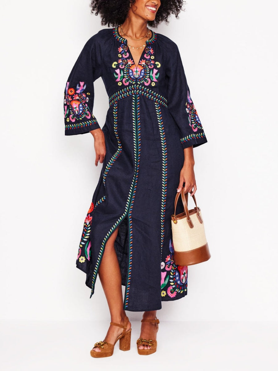 Navy Linen Embroidered Dress