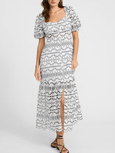Eyelet Puff Sleeve Button Front Tiered Maxi Dress