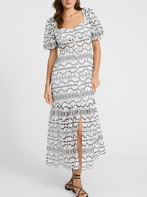 Eyelet Puff Sleeve Button Front Tiered Maxi Dress