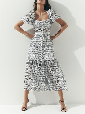 Eyelet Puff Sleeve Button Front Tiered Maxi Dress