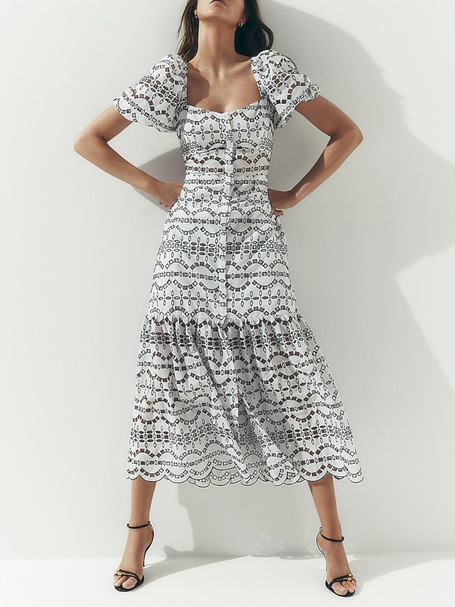 Eyelet Puff Sleeve Button Front Tiered Maxi Dress
