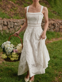 White Stretch Cotton Embroidery Midi Dress