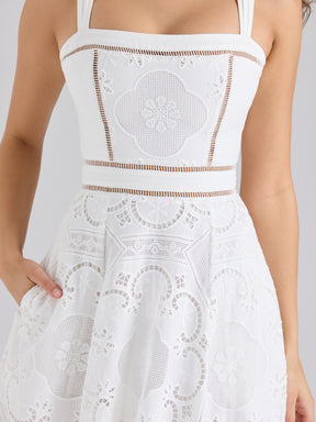 White Stretch Cotton Embroidery Midi Dress