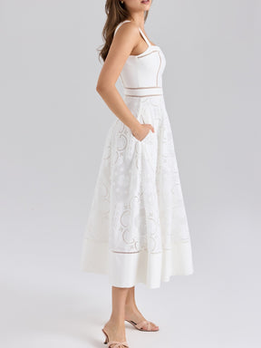 White Stretch Cotton Embroidery Midi Dress