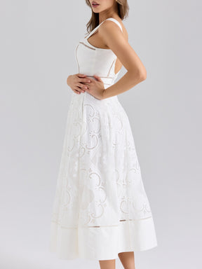 White Stretch Cotton Embroidery Midi Dress