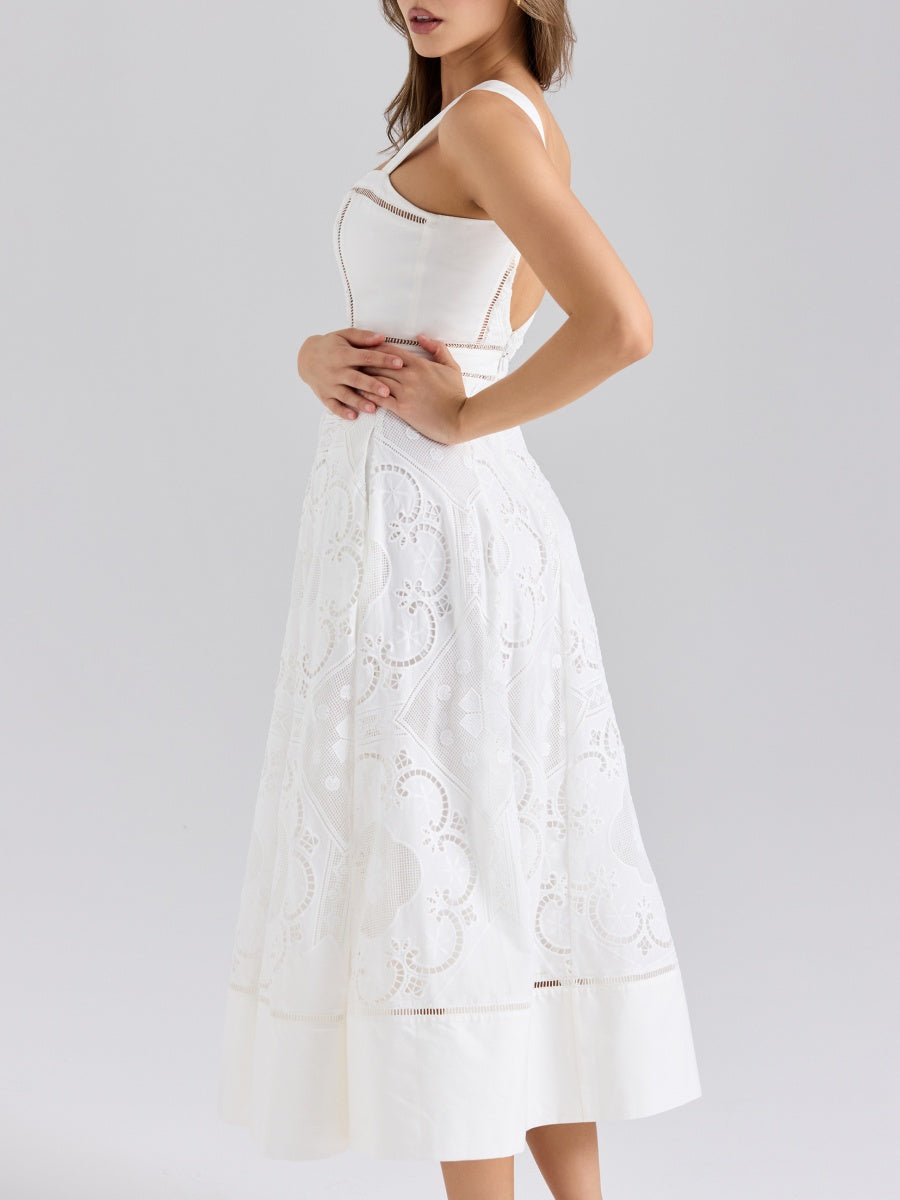 White Stretch Cotton Embroidery Midi Dress