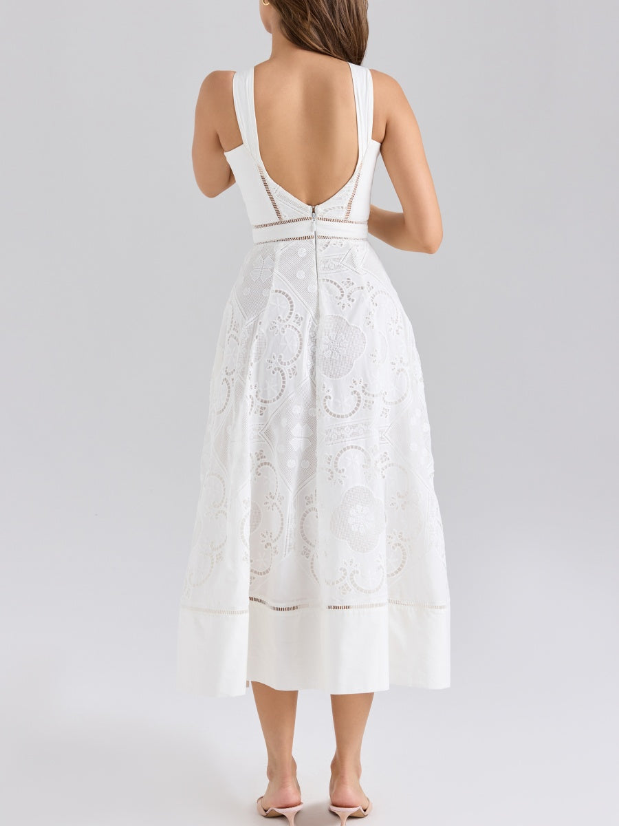 White Stretch Cotton Embroidery Midi Dress