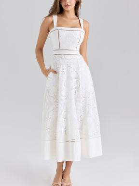White Stretch Cotton Embroidery Midi Dress