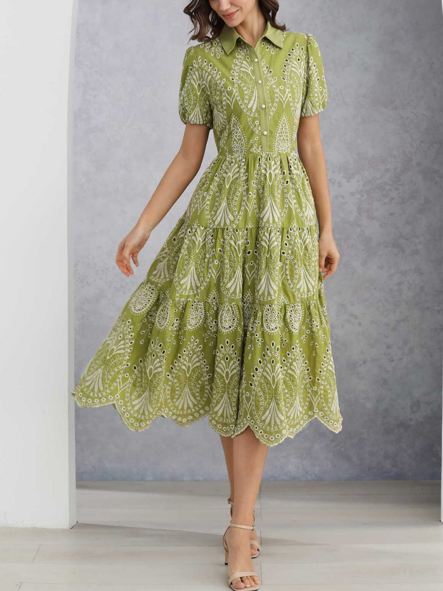 Embroidered Floral Eyelet Midi Dress