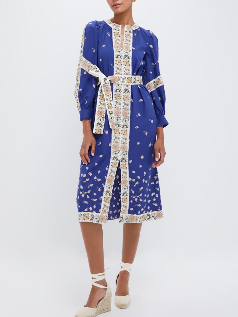 Blue Elizabeth Print Longsleeve Caftan Dress