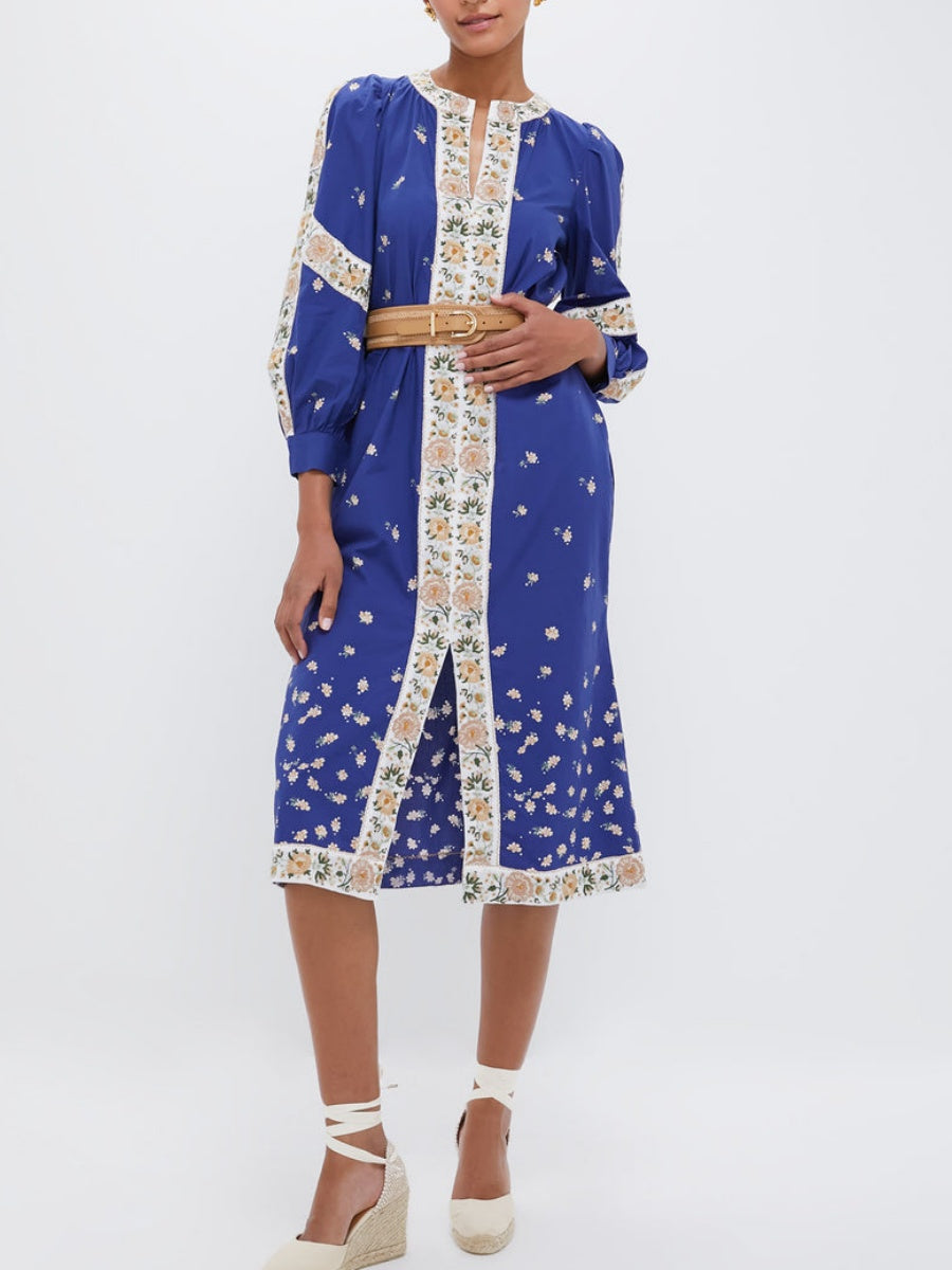 Blue Elizabeth Print Longsleeve Caftan Dress