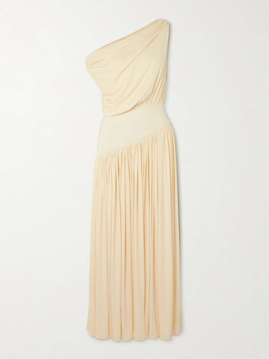 One-shoulder asymmetric draped jersey-trimmed stretch-bamboo maxi dress