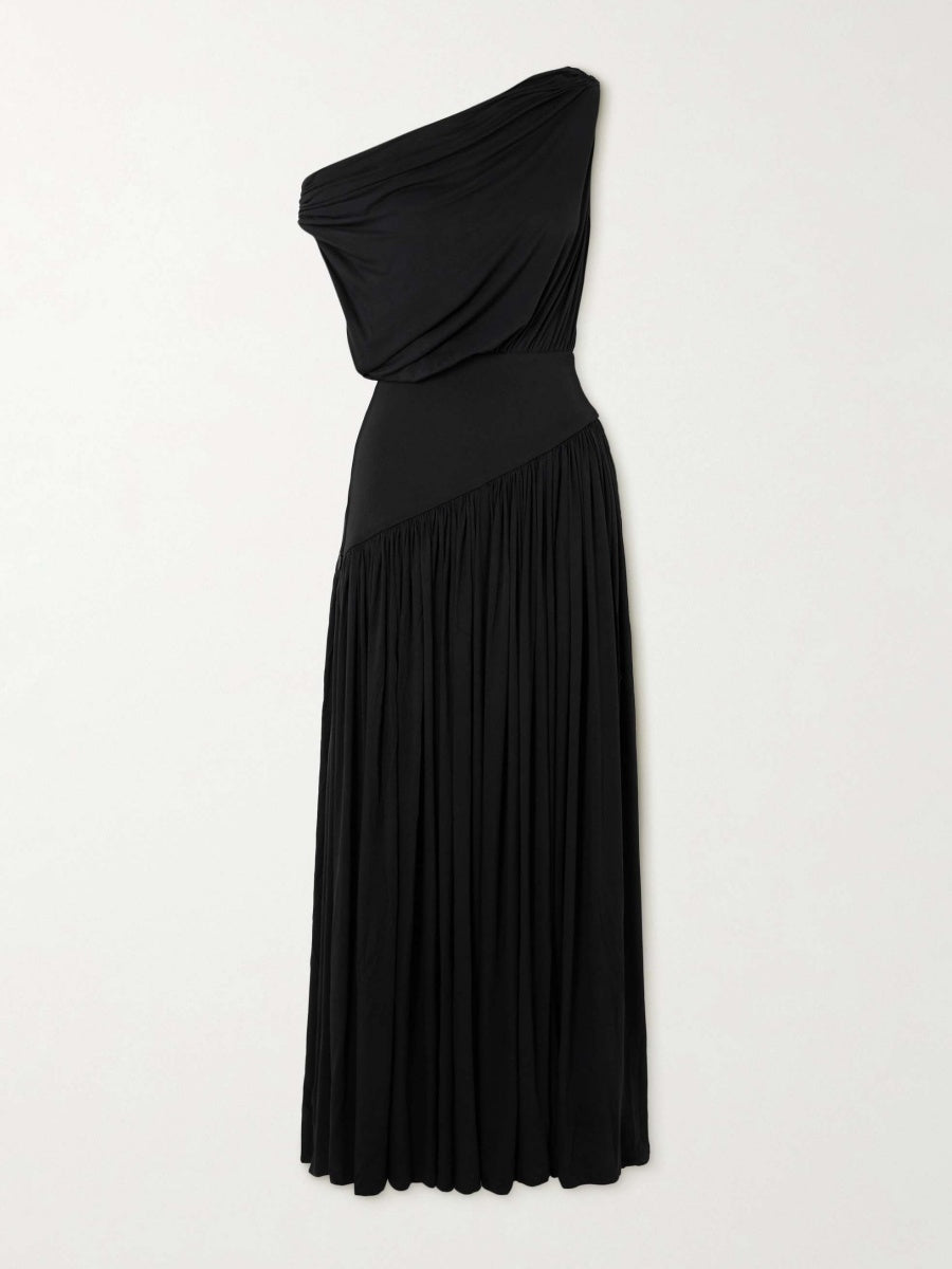 One-shoulder asymmetric draped jersey-trimmed stretch-bamboo maxi dress