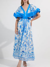 Ruffle Sleeve Plunge Neck Floral Print Maxi Dress