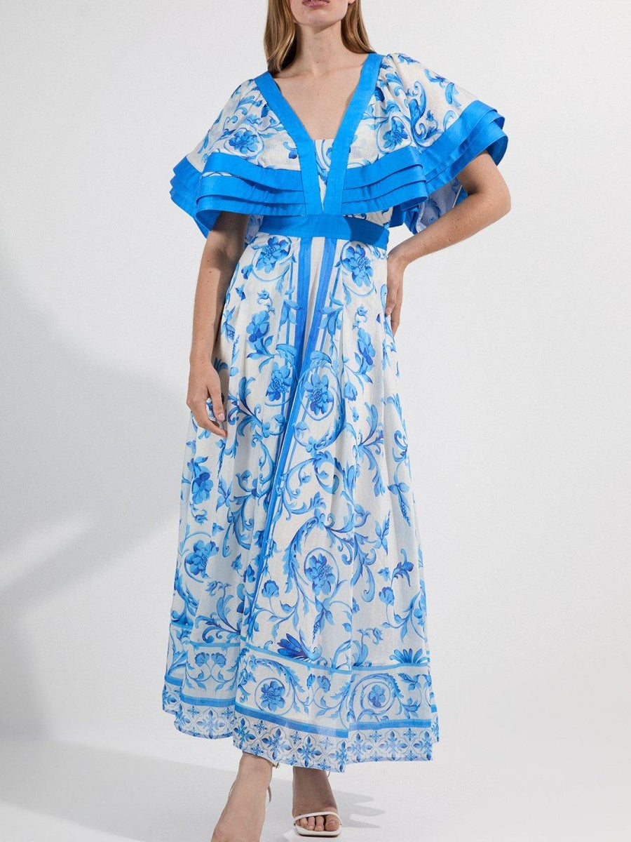 Ruffle Sleeve Plunge Neck Floral Print Maxi Dress