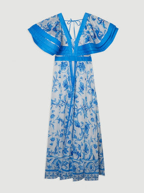 Ruffle Sleeve Plunge Neck Floral Print Maxi Dress