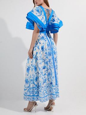 Ruffle Sleeve Plunge Neck Floral Print Maxi Dress