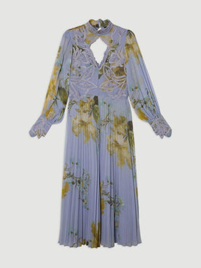 Floral Applique Lace Pleated Maxi Dress