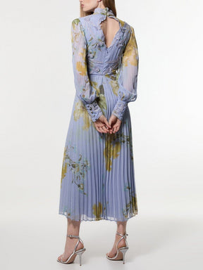 Floral Applique Lace Pleated Maxi Dress