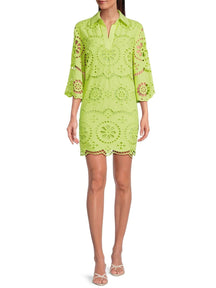 Eyelet Point Collar Split V-Neck Dress