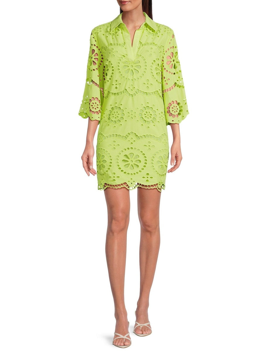 Eyelet Point Collar Split V-Neck Dress